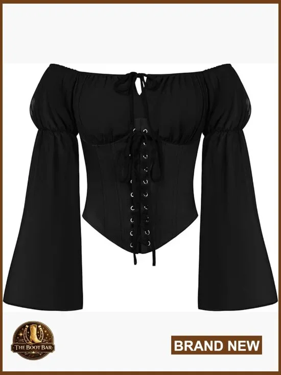 Renaissance Corset Top Off Shoulder Long Sleeve Blouse Slim Fit Polyester - Picture 1 of 7
